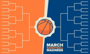 Blue & Orange graphic representing basketball bracket for March Madness